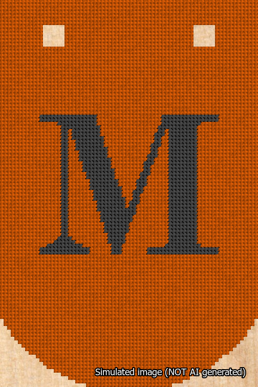 A simulated image of the stitched needlepoint design: Banner 18m Curved M Black on Orange. Not A.I. generated.