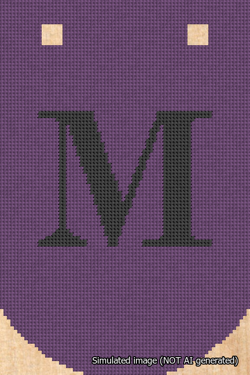 A simulated image of the stitched needlepoint design: Banner 18m Curved M Black on Purple. Not A.I. generated.