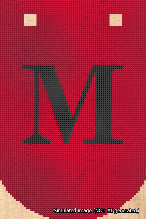 A simulated image of the stitched needlepoint design: Banner 18m Curved M Black on Red. Not A.I. generated.