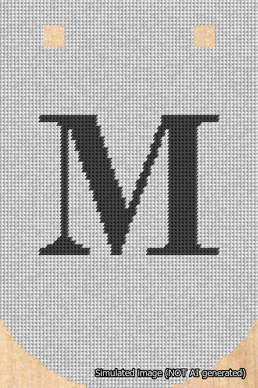 A simulated image of the stitched needlepoint design: Banner 18m Curved M Black on White. Not A.I. generated.