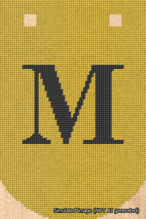A simulated image of the stitched needlepoint design: Banner 18m Curved M Black on Yellow. Not A.I. generated.