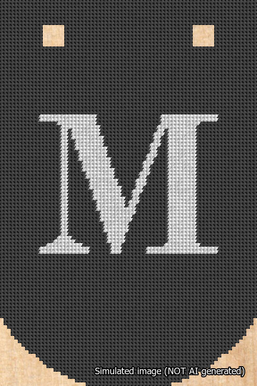 A simulated image of the stitched needlepoint design: Banner 18m Curved M White on Black. Not A.I. generated.