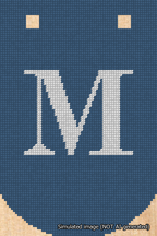 A simulated image of the stitched needlepoint design: Banner 18m Curved M White on Blue. Not A.I. generated.