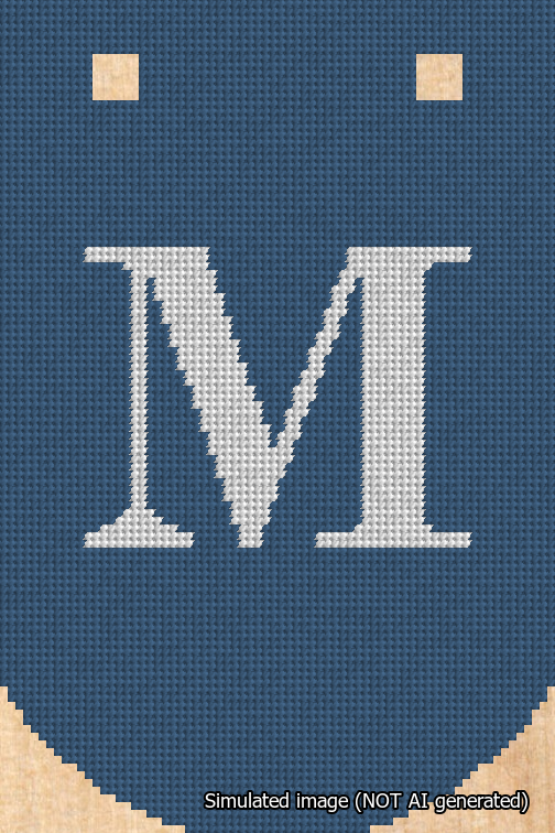 A simulated image of the stitched needlepoint design: Banner 18m Curved M White on Blue. Not A.I. generated.