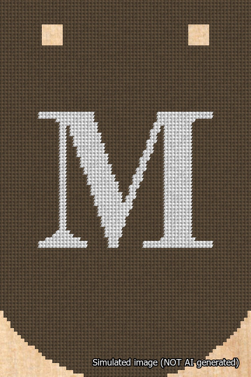 A simulated image of the stitched needlepoint design: Banner 18m Curved M White on Brown. Not A.I. generated.