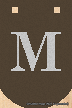 A simulated image of the stitched needlepoint design: Banner 18m Curved M White on Brown. Not A.I. generated.