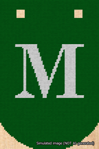 A simulated image of the stitched needlepoint design: Banner 18m Curved M White on Green. Not A.I. generated.