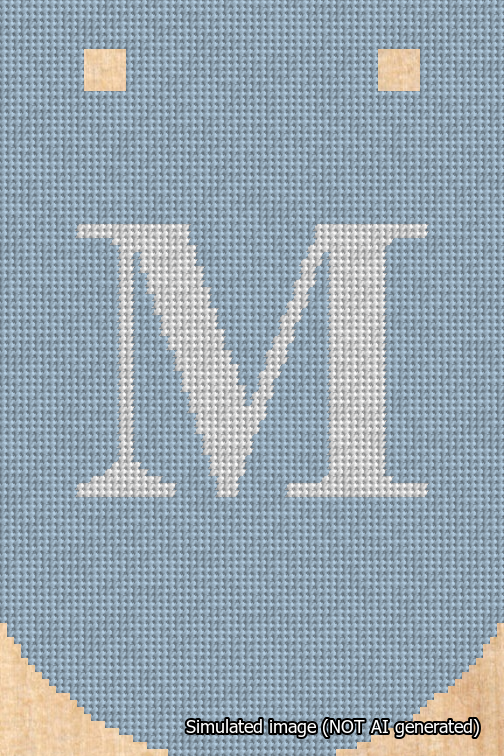 A simulated image of the stitched needlepoint design: Banner 18m Curved M White on Light Blue. Not A.I. generated.