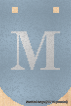 A simulated image of the stitched needlepoint design: Banner 18m Curved M White on Light Blue. Not A.I. generated.