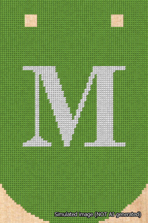 A simulated image of the stitched needlepoint design: Banner 18m Curved M White on Light Green. Not A.I. generated.