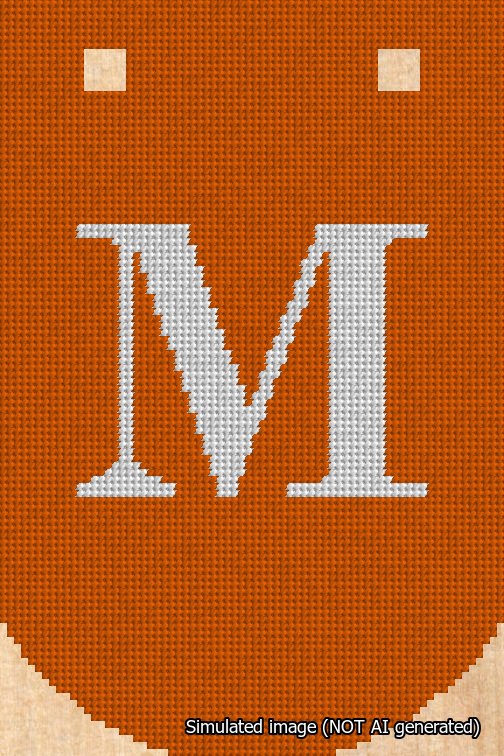 A simulated image of the stitched needlepoint design: Banner 18m Curved M White on Orange. Not A.I. generated.