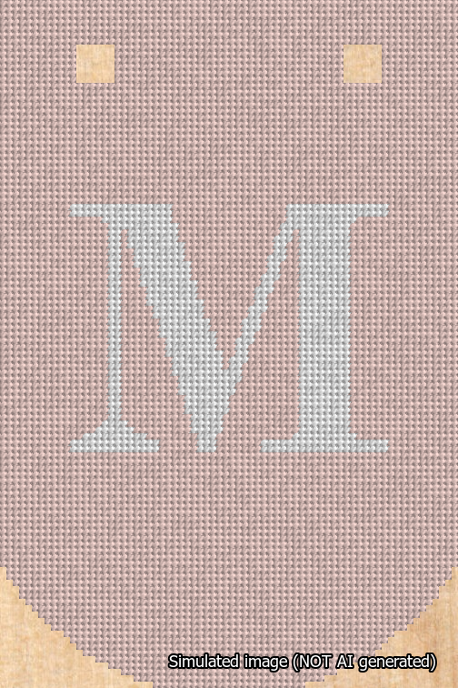 A simulated image of the stitched needlepoint design: Banner 18m Curved M White on Pink. Not A.I. generated.