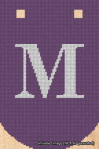 A simulated image of the stitched needlepoint design: Banner 18m Curved M White on Purple. Not A.I. generated.