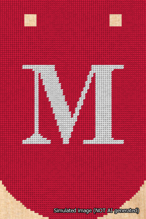 A simulated image of the stitched needlepoint design: Banner 18m Curved M White on Red. Not A.I. generated.