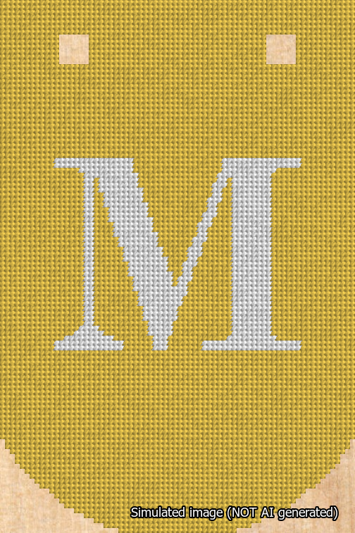 A simulated image of the stitched needlepoint design: Banner 18m Curved M White on Yellow. Not A.I. generated.