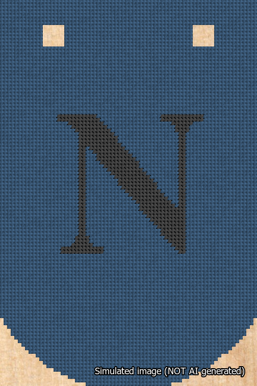 A simulated image of the stitched needlepoint design: Banner 18m Curved N Black on Blue. Not A.I. generated.