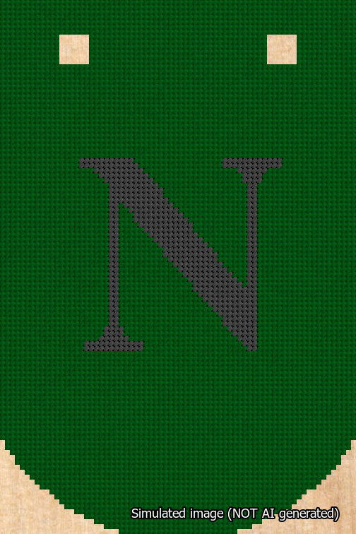A simulated image of the stitched needlepoint design: Banner 18m Curved N Black on Green. Not A.I. generated.