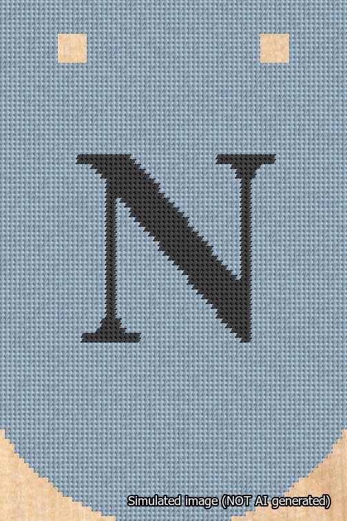 A simulated image of the stitched needlepoint design: Banner 18m Curved N Black on Light Blue. Not A.I. generated.