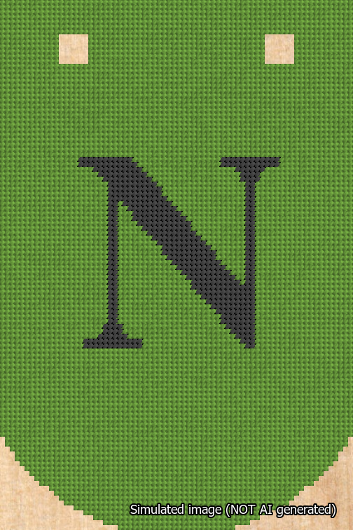 A simulated image of the stitched needlepoint design: Banner 18m Curved N Black on Light Green. Not A.I. generated.