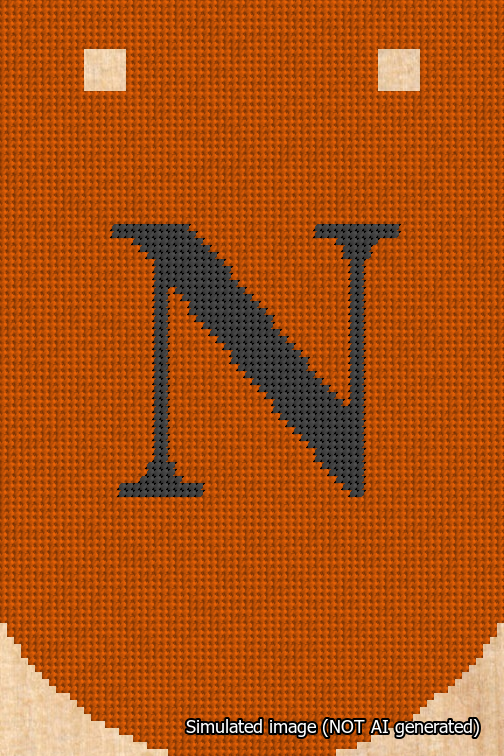A simulated image of the stitched needlepoint design: Banner 18m Curved N Black on Orange. Not A.I. generated.