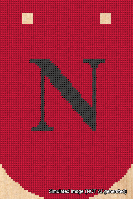 A simulated image of the stitched needlepoint design: Banner 18m Curved N Black on Red. Not A.I. generated.