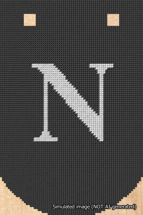 A simulated image of the stitched needlepoint design: Banner 18m Curved N White on Black. Not A.I. generated.
