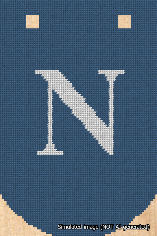 A simulated image of the stitched needlepoint design: Banner 18m Curved N White on Blue. Not A.I. generated.