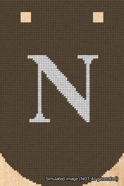 A simulated image of the stitched needlepoint design: Banner 18m Curved N White on Brown. Not A.I. generated.
