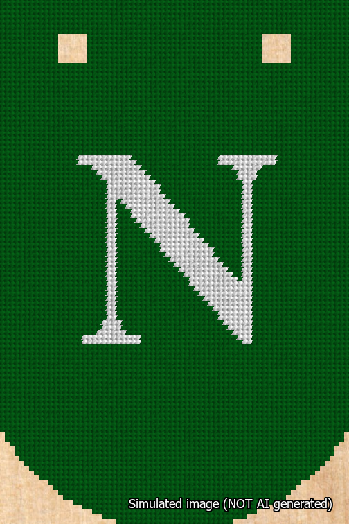 A simulated image of the stitched needlepoint design: Banner 18m Curved N White on Green. Not A.I. generated.