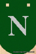 A simulated image of the stitched needlepoint design: Banner 18m Curved N White on Green. Not A.I. generated.