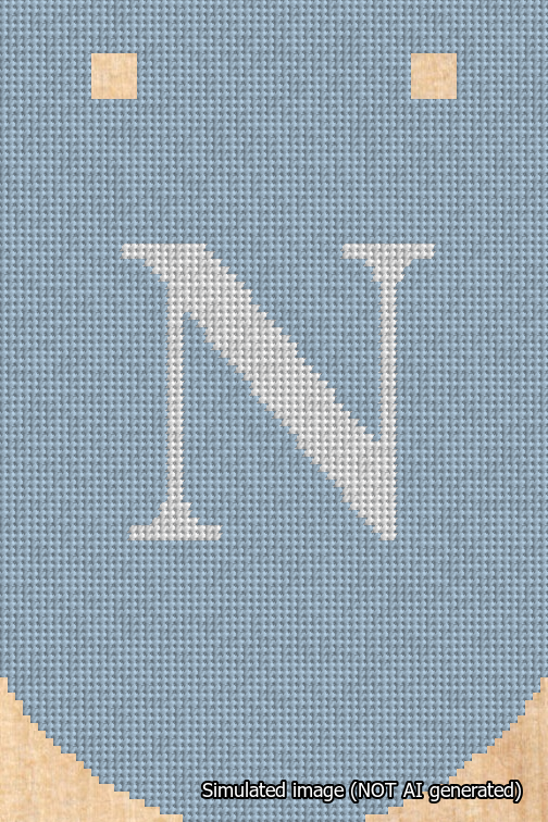 A simulated image of the stitched needlepoint design: Banner 18m Curved N White on Light Blue. Not A.I. generated.