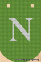 A simulated image of the stitched needlepoint design: Banner 18m Curved N White on Light Green. Not A.I. generated.