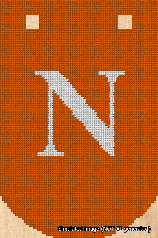 A simulated image of the stitched needlepoint design: Banner 18m Curved N White on Orange. Not A.I. generated.