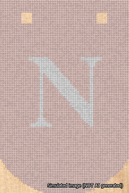 A simulated image of the stitched needlepoint design: Banner 18m Curved N White on Pink. Not A.I. generated.