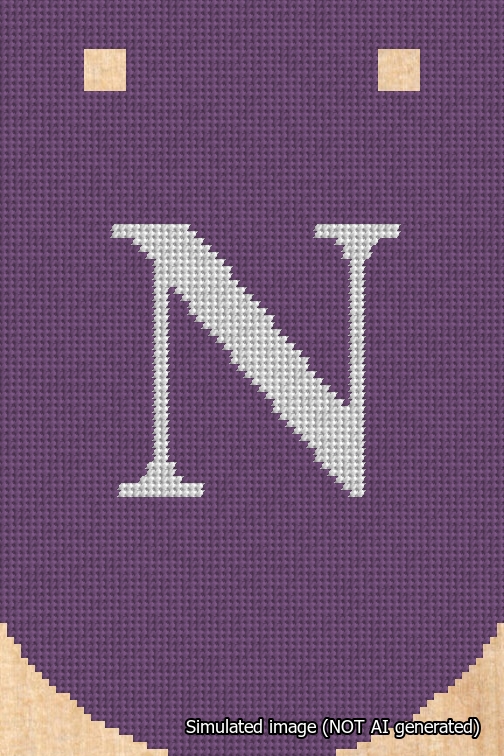 A simulated image of the stitched needlepoint design: Banner 18m Curved N White on Purple. Not A.I. generated.
