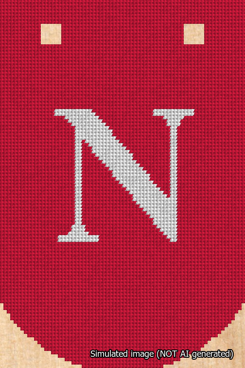 A simulated image of the stitched needlepoint design: Banner 18m Curved N White on Red. Not A.I. generated.