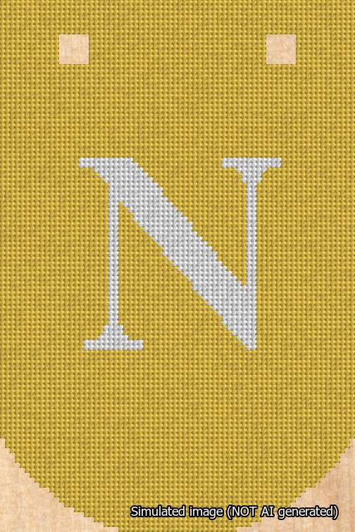 A simulated image of the stitched needlepoint design: Banner 18m Curved N White on Yellow. Not A.I. generated.