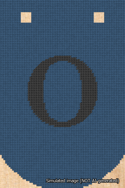 A simulated image of the stitched needlepoint design: Banner 18m Curved O Black on Blue. Not A.I. generated.