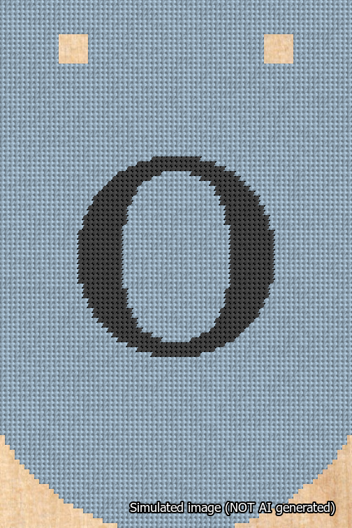 A simulated image of the stitched needlepoint design: Banner 18m Curved O Black on Light Blue. Not A.I. generated.