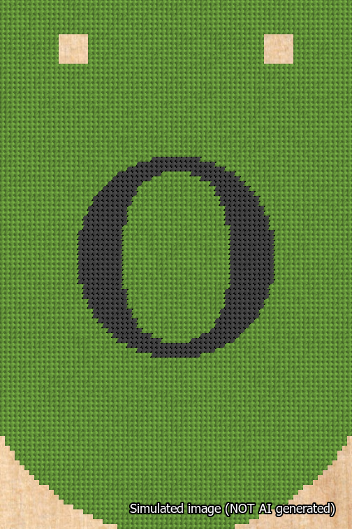 A simulated image of the stitched needlepoint design: Banner 18m Curved O Black on Light Green. Not A.I. generated.
