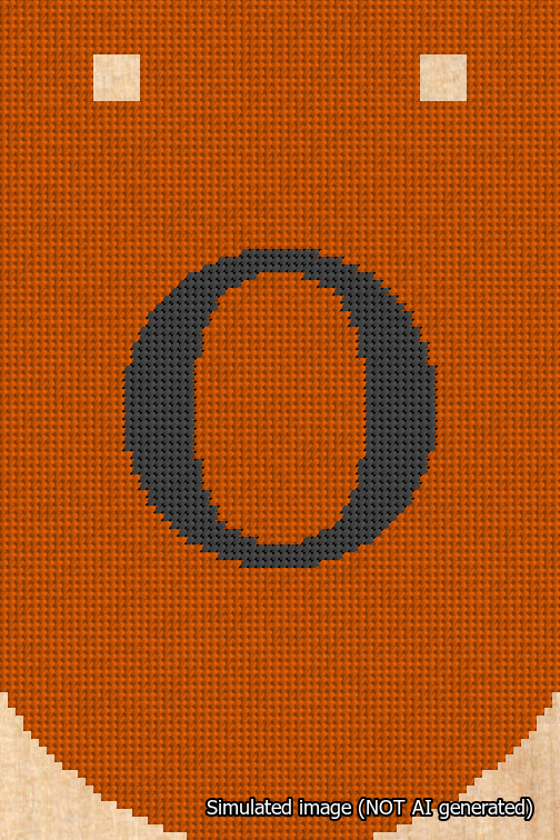 A simulated image of the stitched needlepoint design: Banner 18m Curved O Black on Orange. Not A.I. generated.