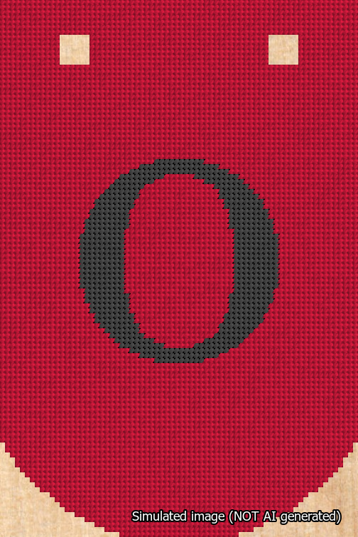 A simulated image of the stitched needlepoint design: Banner 18m Curved O Black on Red. Not A.I. generated.