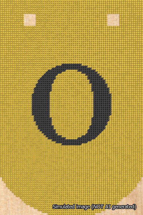A simulated image of the stitched needlepoint design: Banner 18m Curved O Black on Yellow. Not A.I. generated.