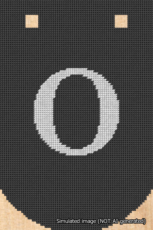 A simulated image of the stitched needlepoint design: Banner 18m Curved O White on Black. Not A.I. generated.