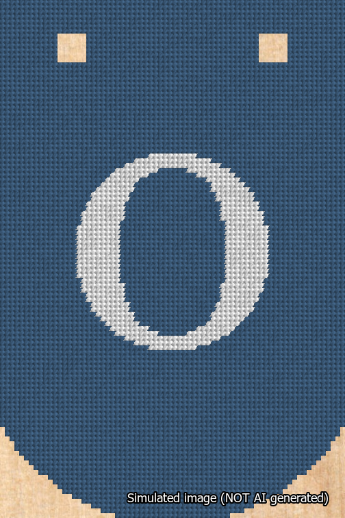 A simulated image of the stitched needlepoint design: Banner 18m Curved O White on Blue. Not A.I. generated.