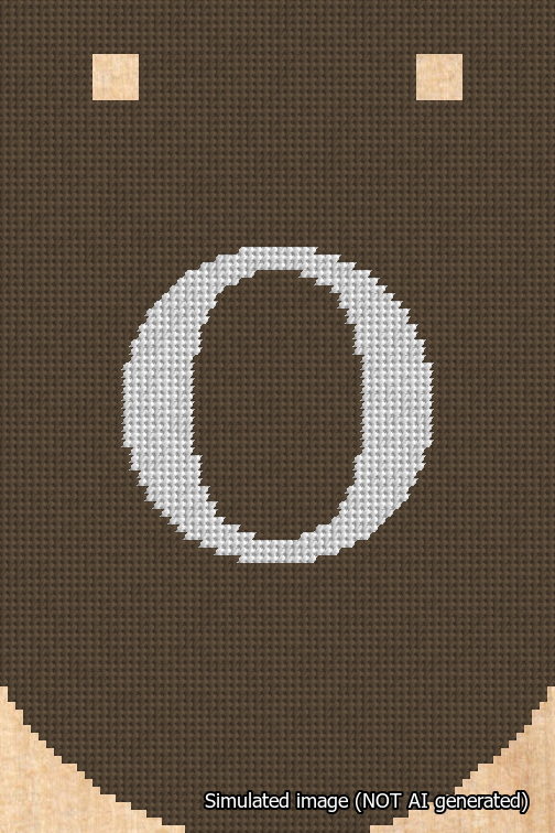 A simulated image of the stitched needlepoint design: Banner 18m Curved O White on Brown. Not A.I. generated.