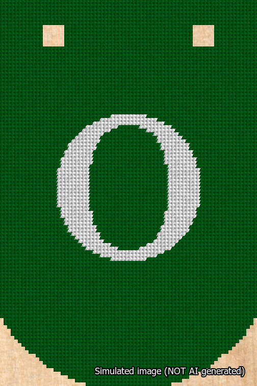 A simulated image of the stitched needlepoint design: Banner 18m Curved O White on Green. Not A.I. generated.
