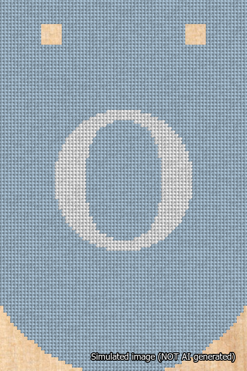 A simulated image of the stitched needlepoint design: Banner 18m Curved O White on Light Blue. Not A.I. generated.