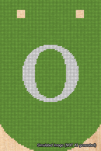 A simulated image of the stitched needlepoint design: Banner 18m Curved O White on Light Green. Not A.I. generated.