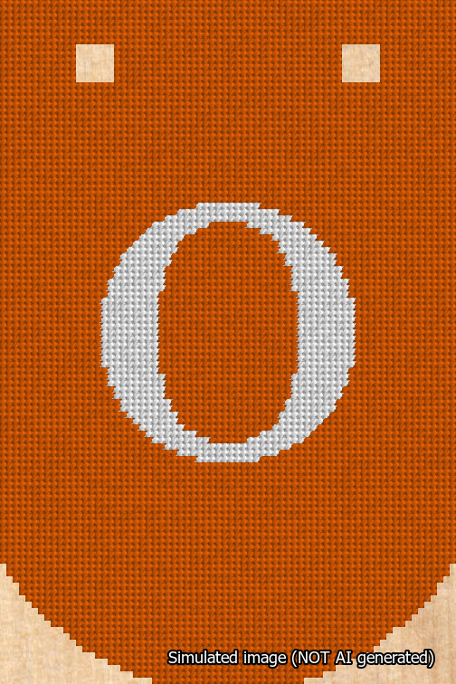 A simulated image of the stitched needlepoint design: Banner 18m Curved O White on Orange. Not A.I. generated.